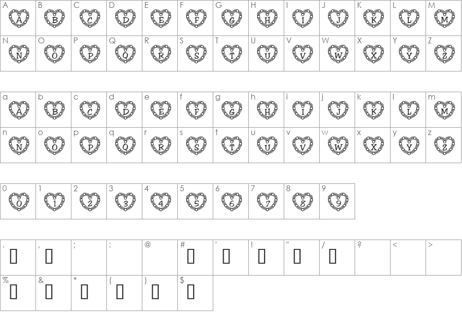 101! Heart Deco font character map preview