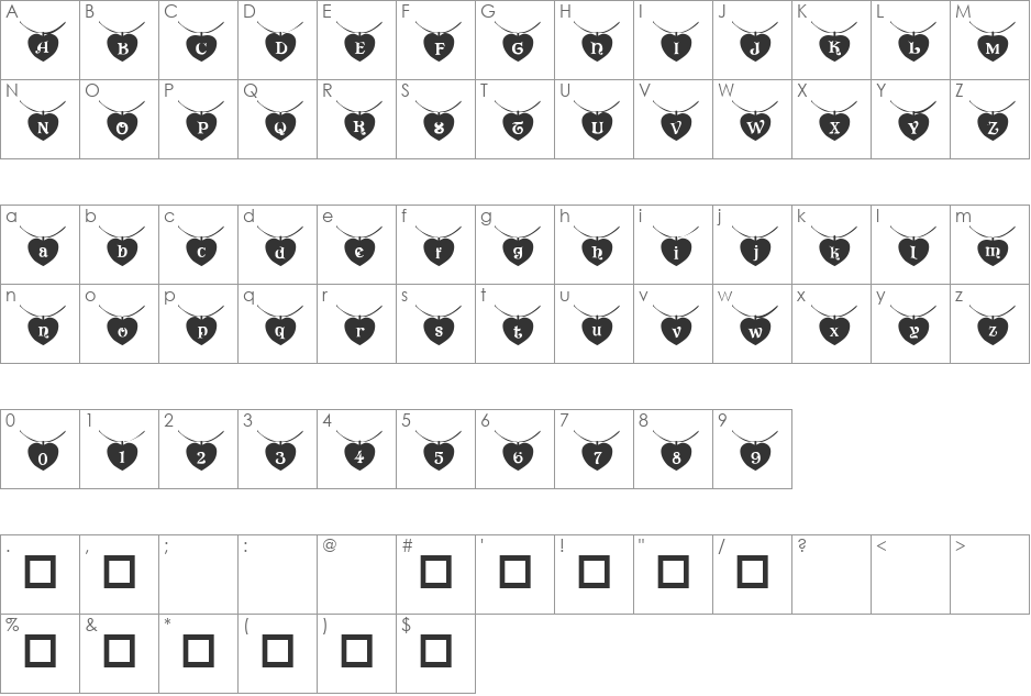 101! Heart StringZ font character map preview