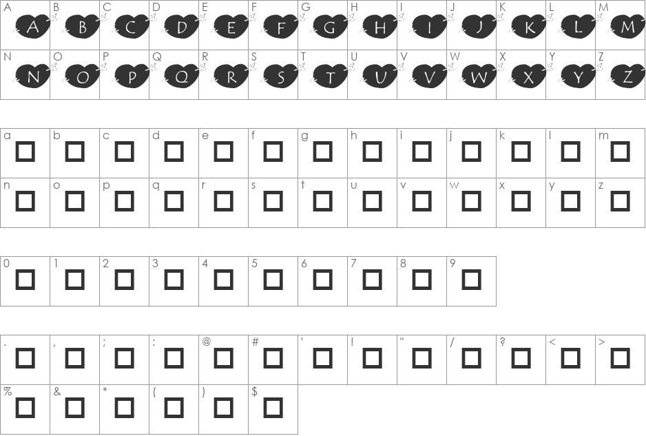 101! Hearts font character map preview