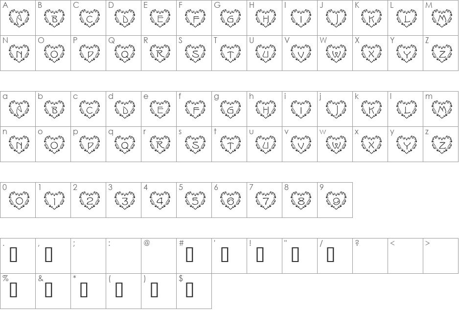101! Just Anuther Heart Font font character map preview