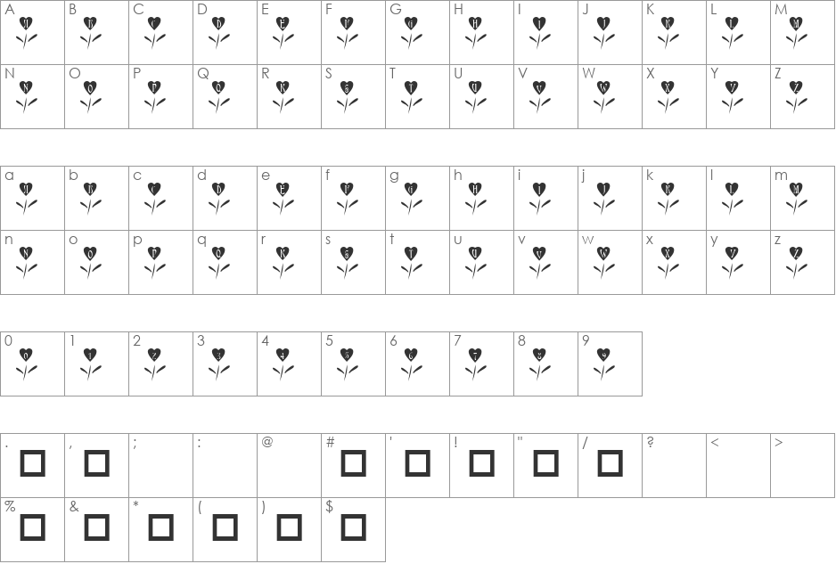 101! Love Garden font character map preview