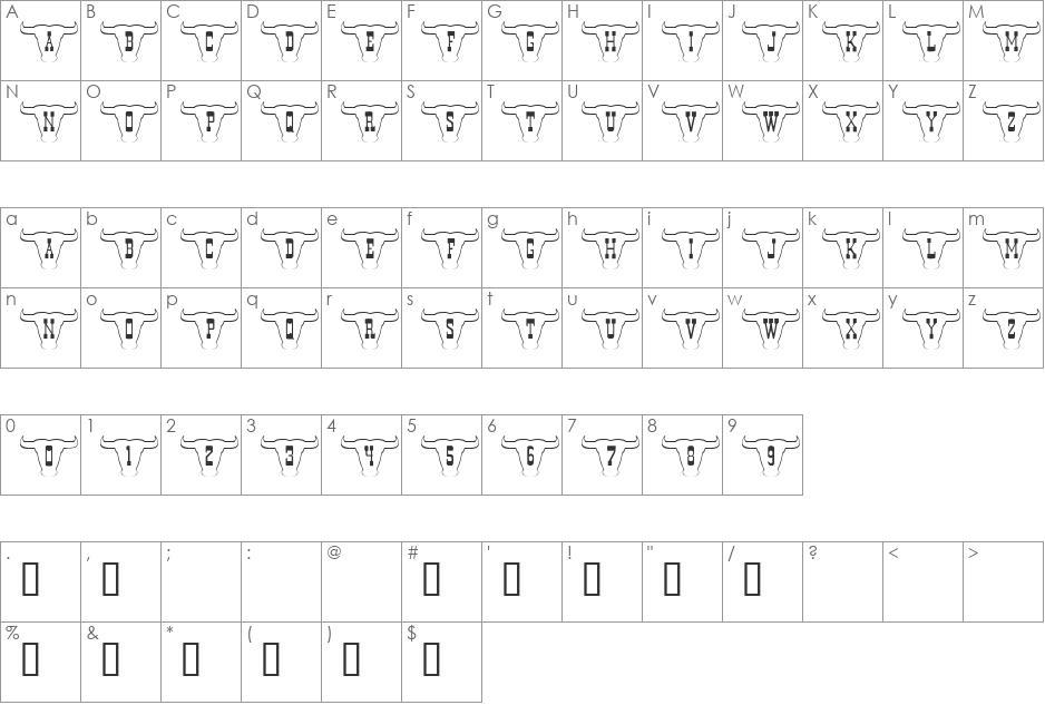 101! Texan Style font character map preview