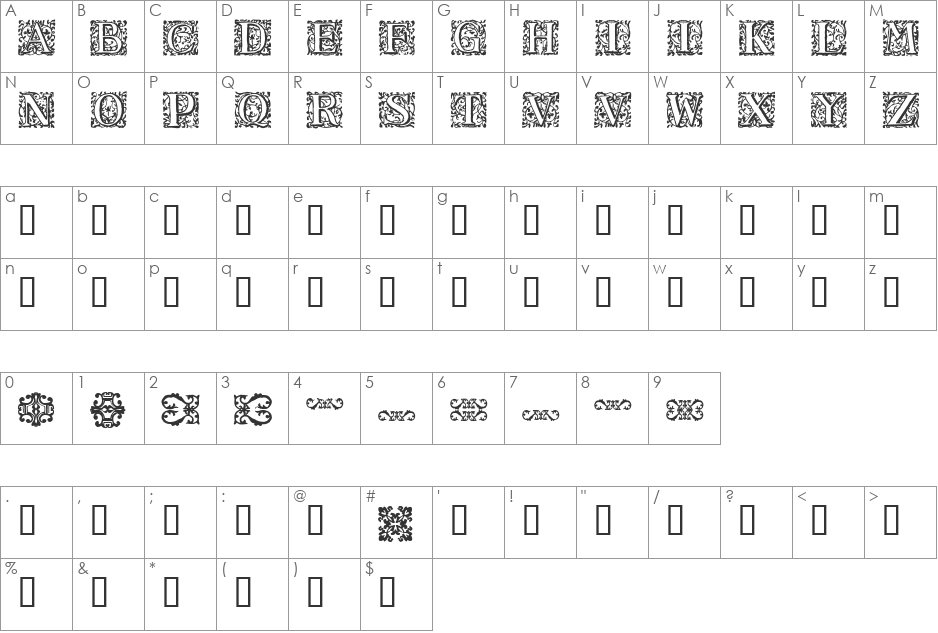 16th_Arabesques font character map preview