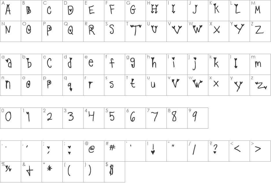 1cara hearts font character map preview