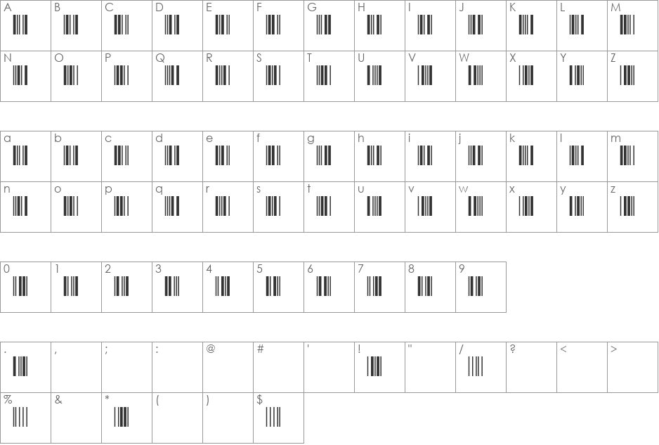 3 of 9 Barcode font character map preview