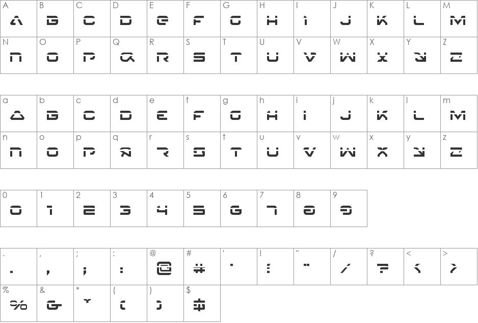 4114 Blaster Laser font character map preview