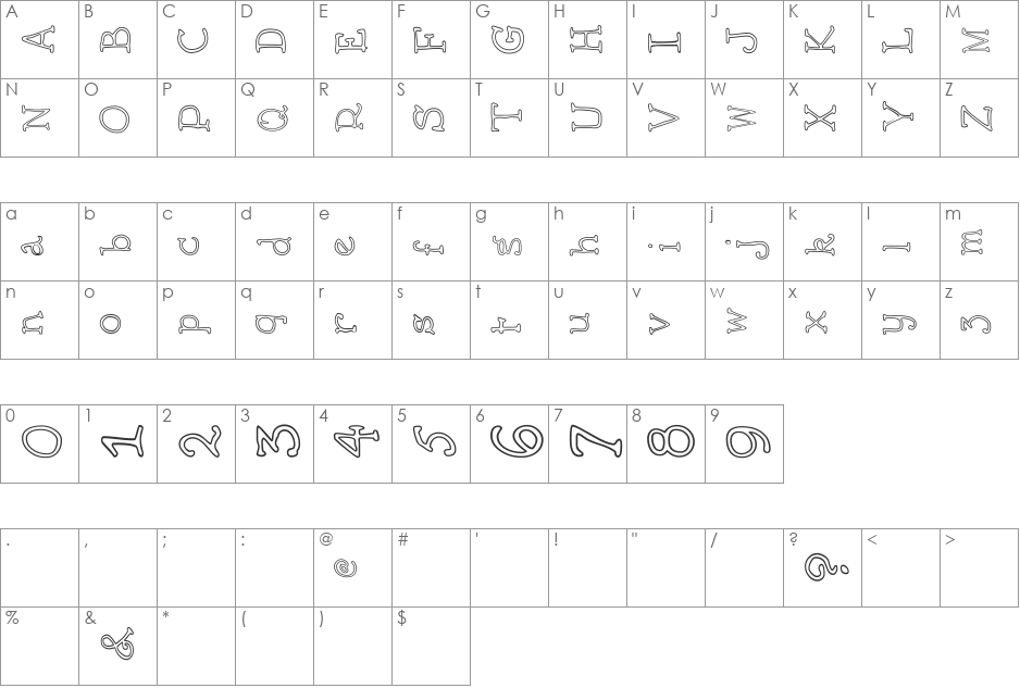 AEZ outline vertical font character map preview