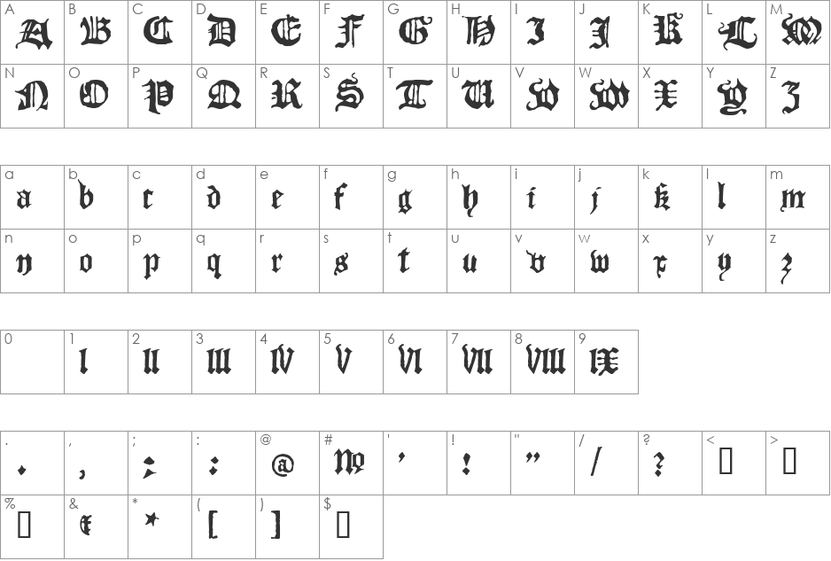 Blackletter font character map preview