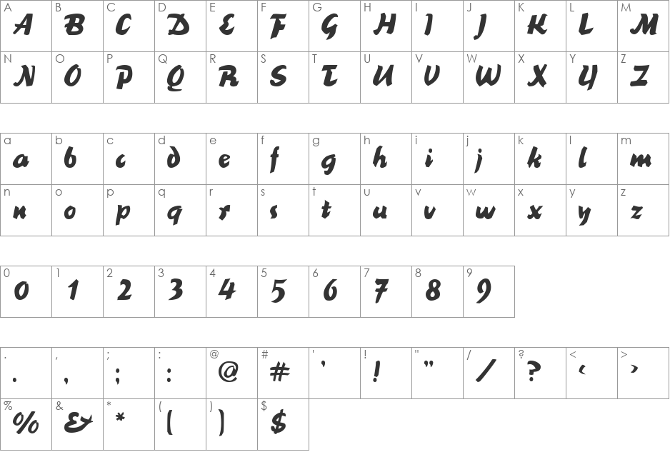 BlackNib font character map preview
