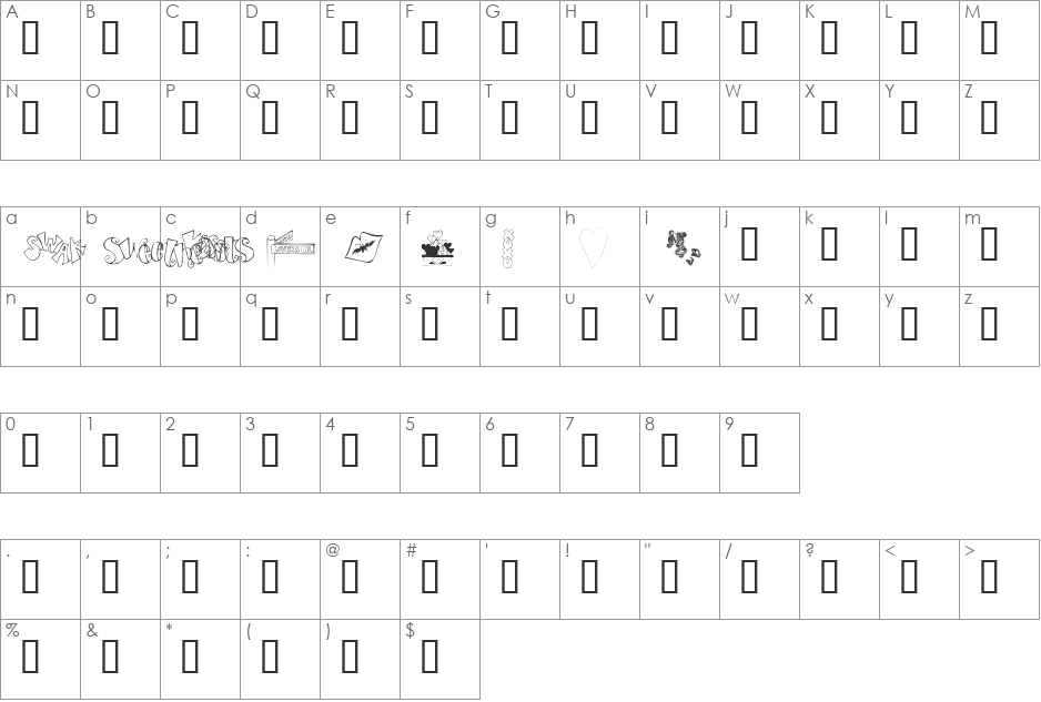 AEZ sweethearts font character map preview