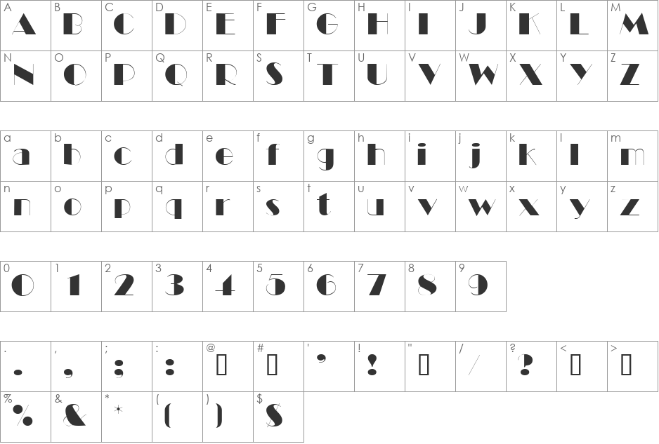 BlackTieDisplaySSi font character map preview