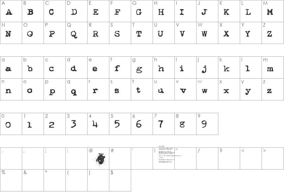 Blasphemous Rumors font character map preview