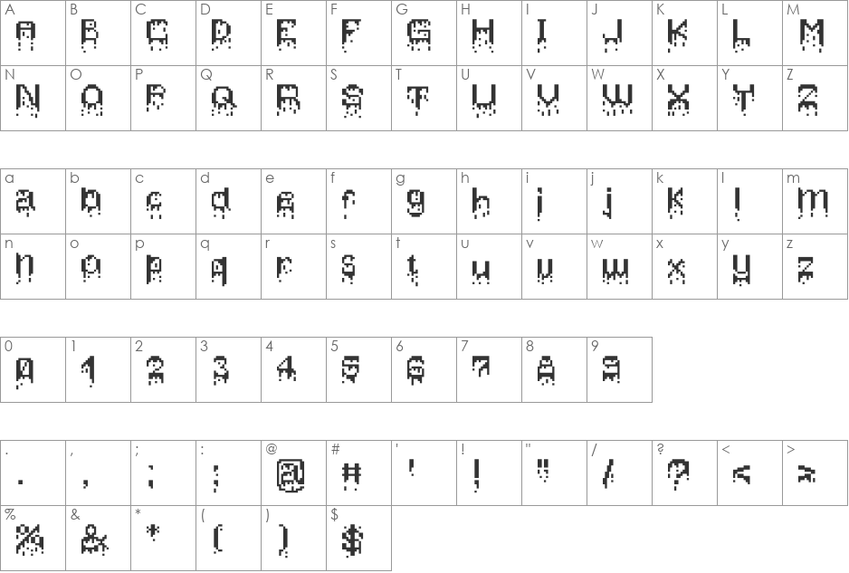 BleedingPixels font character map preview