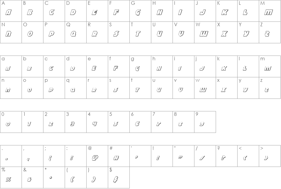 Blitzstrike 3D Italic font character map preview