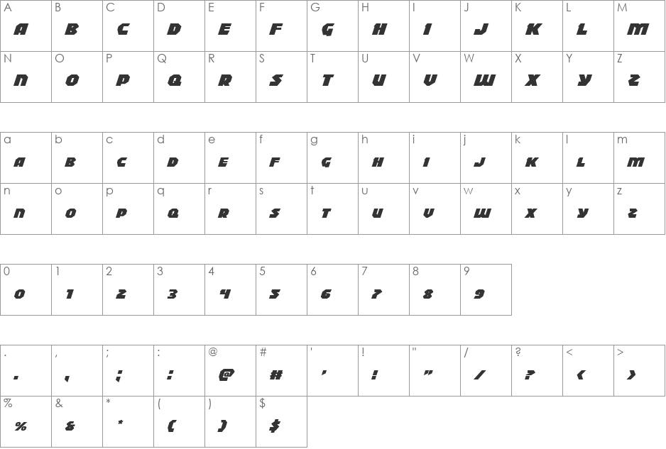 Blitzstrike Expanded Italic font character map preview