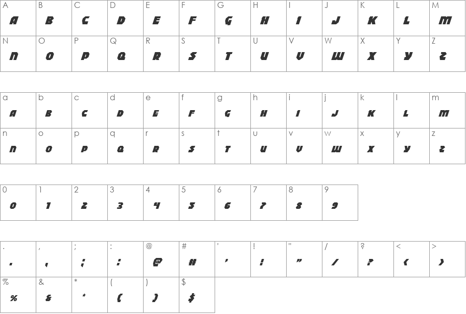 Blitzstrike Italic font character map preview