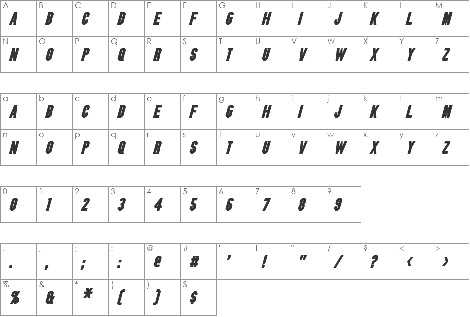 Blitzwing font character map preview