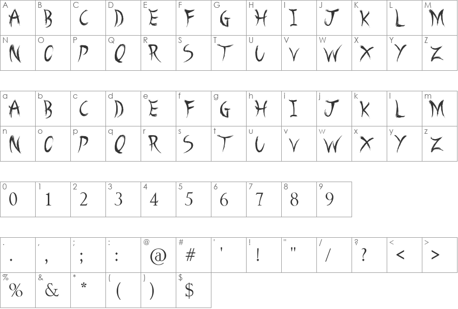 A Brush No font character map preview