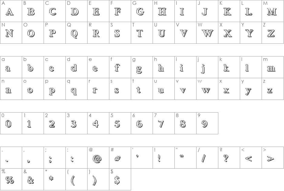 Blockstepped 3D font character map preview