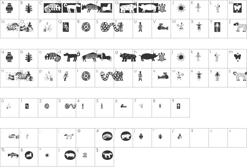 Africain font character map preview