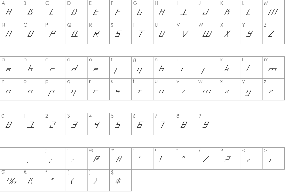 Blue July Expanded font character map preview