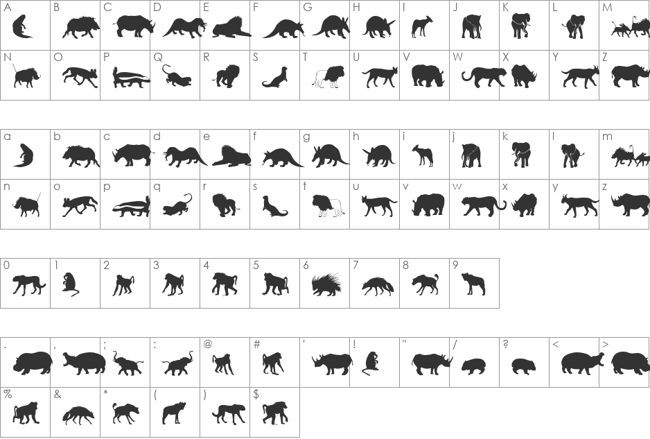 Afrika Wildlife B Mammals2 font character map preview