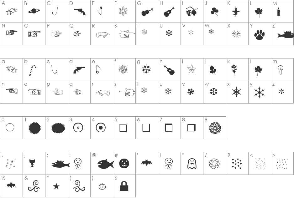 BobsPictures font character map preview
