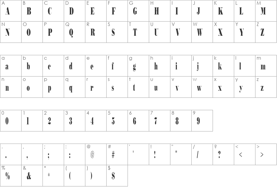 Bodidly Condensed font character map preview