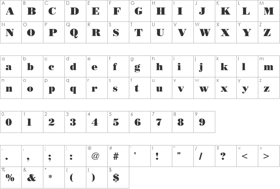 BODIDLYbold font character map preview