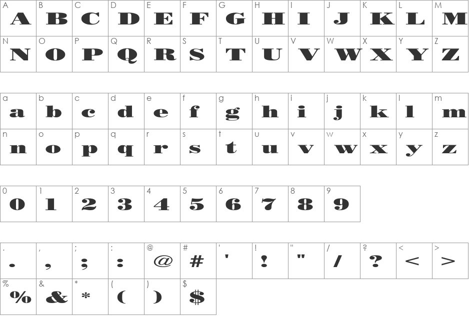 BODIDLYbold Extended font character map preview