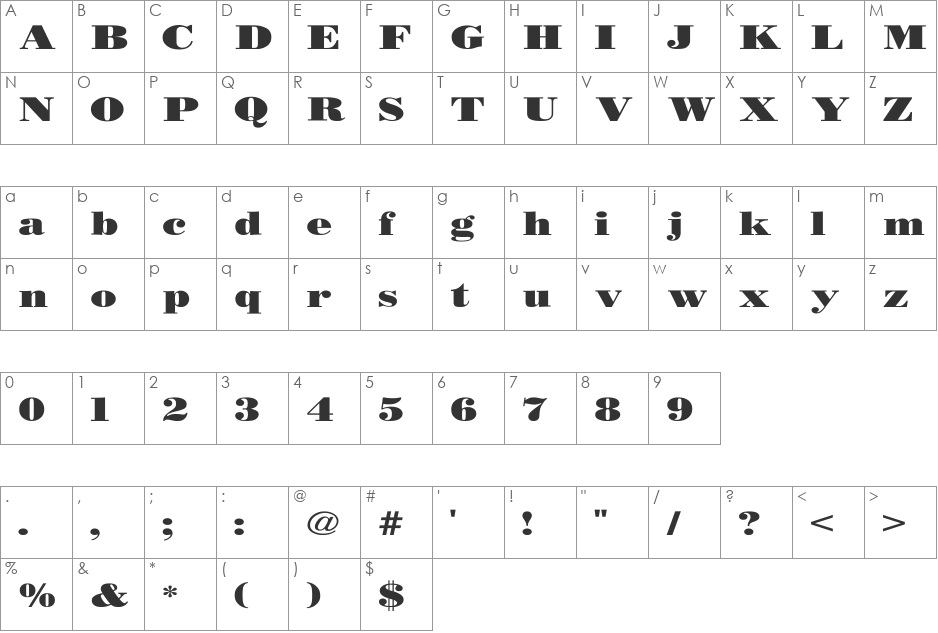 BODIDLYbold Wide font character map preview