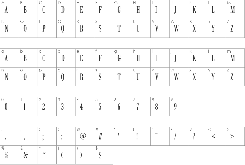 BodoniAntComDReg font character map preview