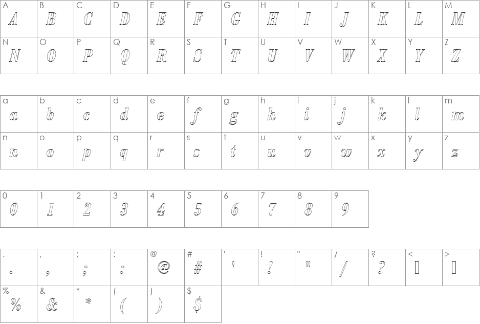 BodoniAntTDemBolConItaOu1 font character map preview