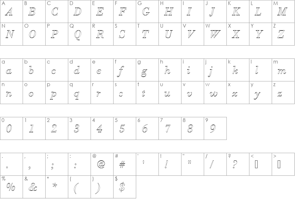 BodoniAntTLigItaOu1 font character map preview