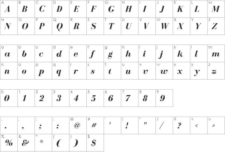 BodoniFLF font character map preview