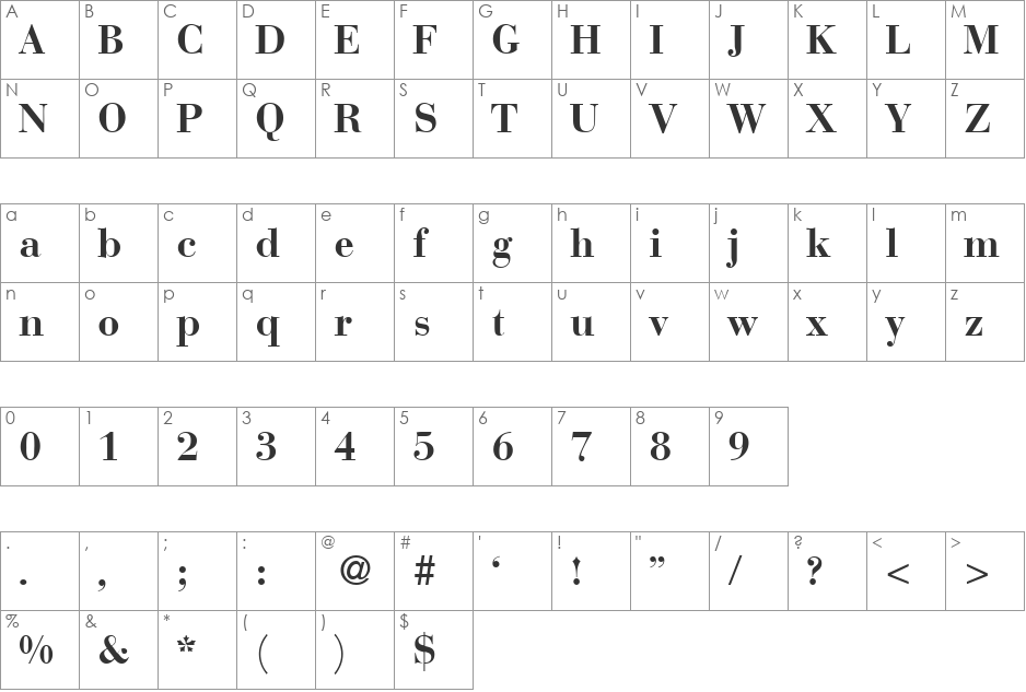 BodoniRecut font character map preview