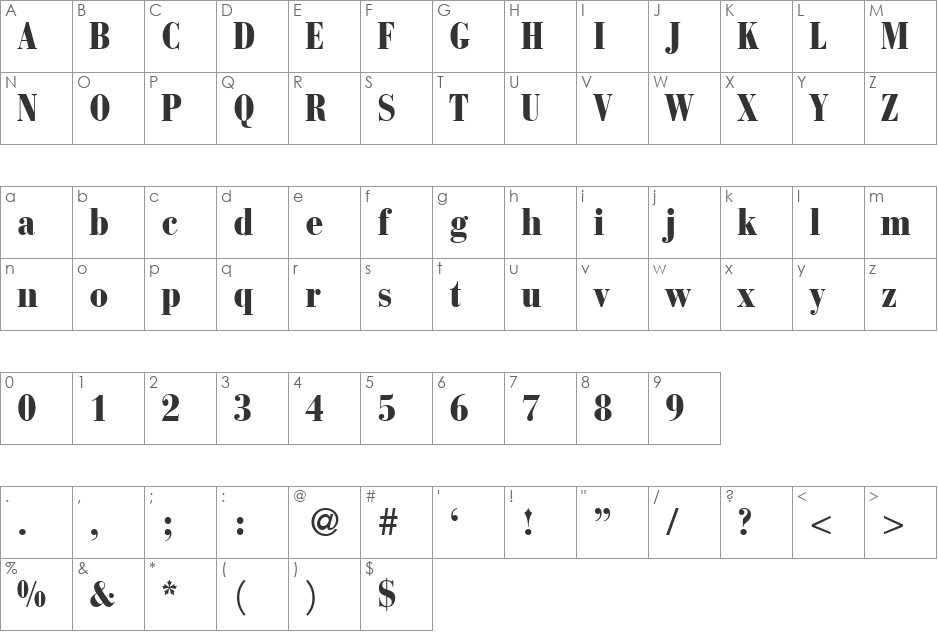 BodoniRecutCond font character map preview