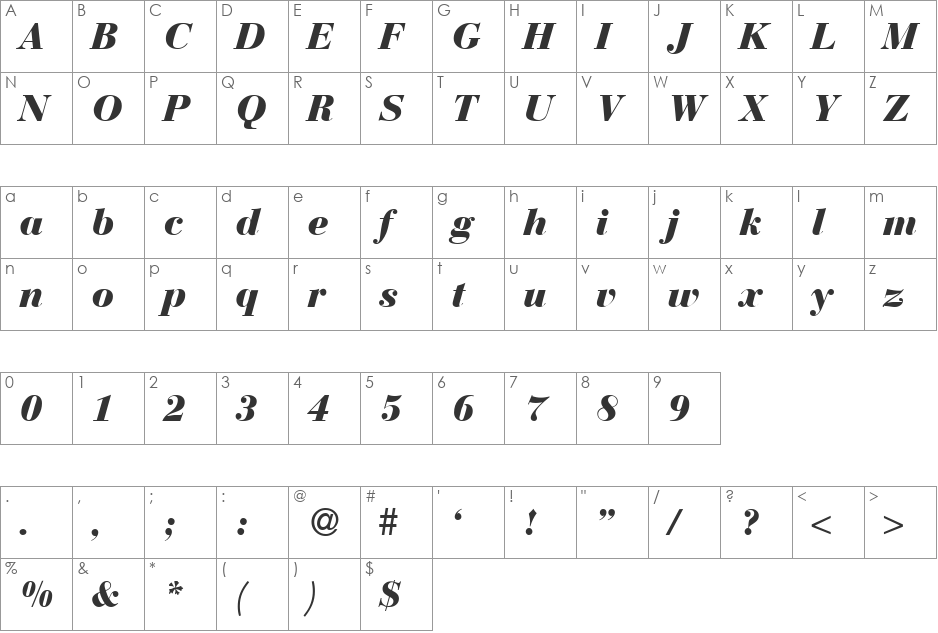 BodoniRecutHeavy font character map preview