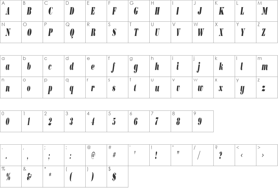 BodoniUltraFLFCond font character map preview