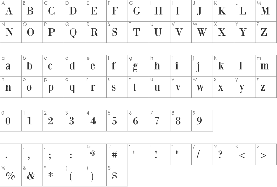 BodoniXT font character map preview