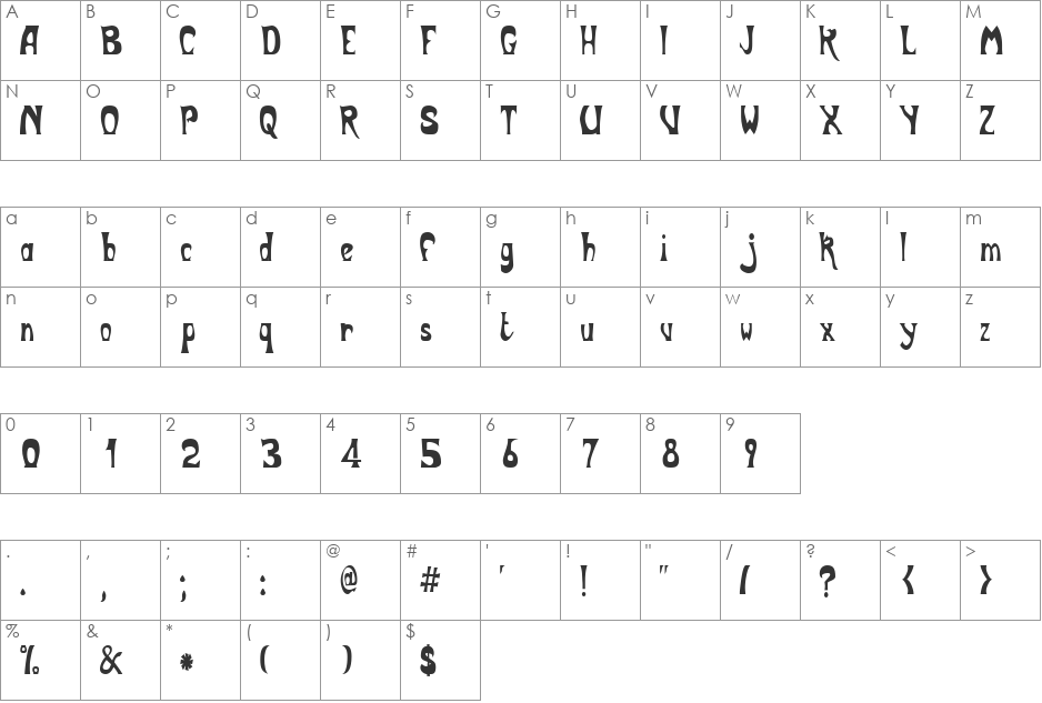 BodyShopCondensed font character map preview