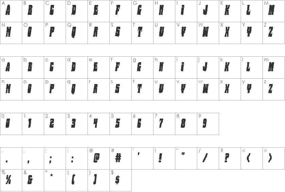 Bog Beast Condensed Italic font character map preview