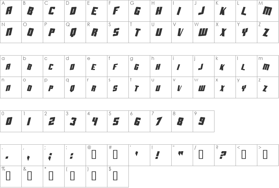 Aftershock Debris CondSolid font character map preview