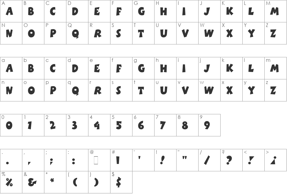 Boink LET font character map preview