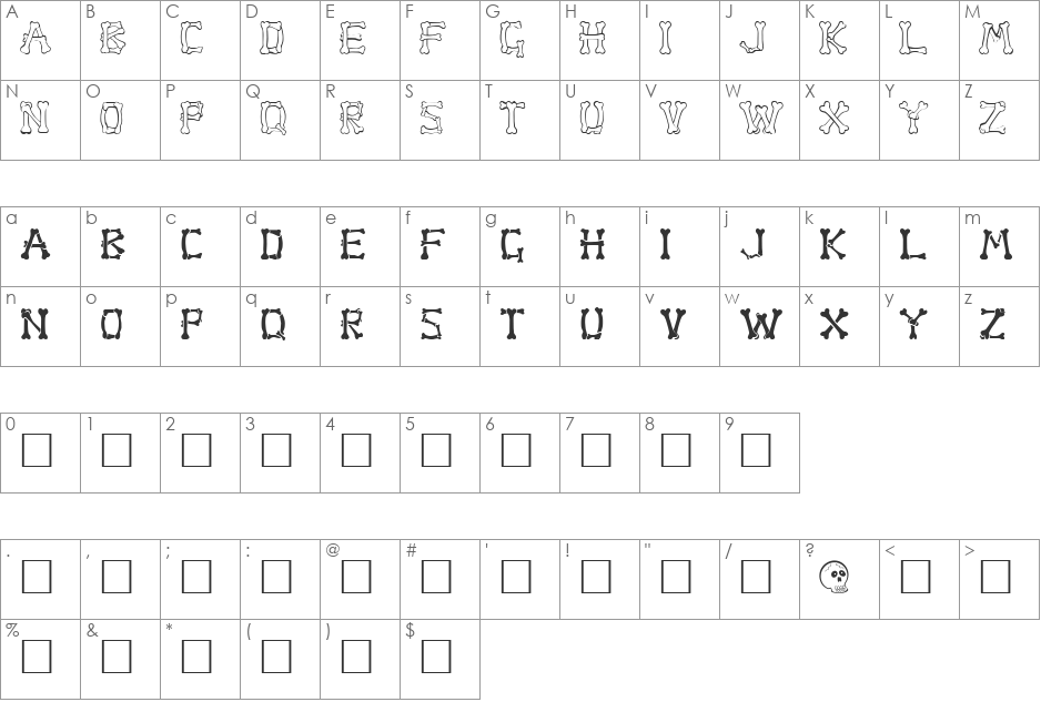 Bone font character map preview
