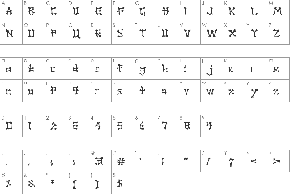 Boner font character map preview