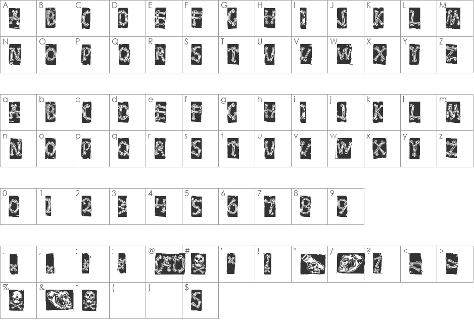 Bones font character map preview