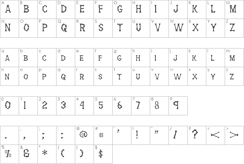 Bones font character map preview