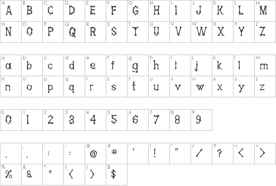 Bony Bones font character map preview