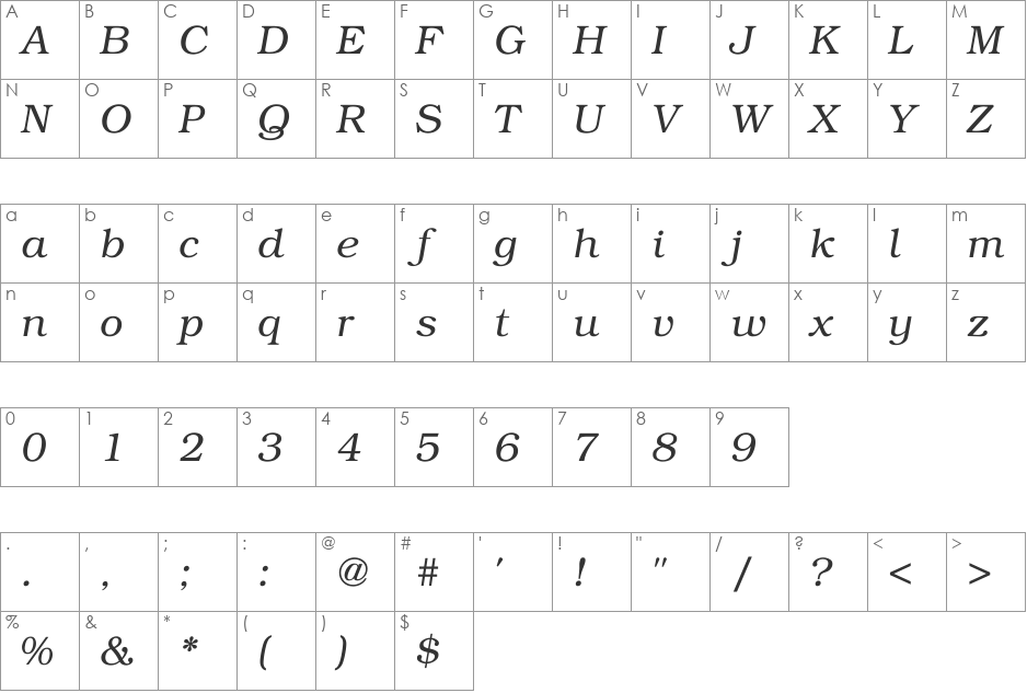 Bookman Old Style Italic font character map preview